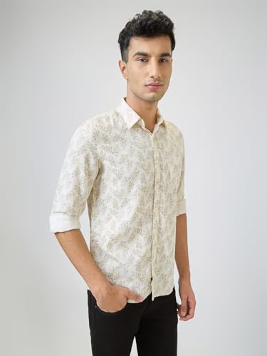 Parx Men Slim Fit Print Pattern Pure Cotton Semicutaway Collar Full Sleeve Casual Shirt (Size: 40)-XMSS14689-F2 Fawn