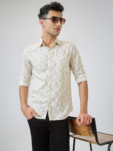 Parx Men Slim Fit Print Pattern Pure Cotton Semicutaway Collar Full Sleeve Casual Shirt (Size: 40)-XMSS14689-F2 Fawn