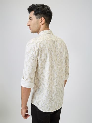 Parx Men Slim Fit Print Pattern Pure Cotton Semicutaway Collar Full Sleeve Casual Shirt (Size: 40)-XMSS14689-F2 Fawn