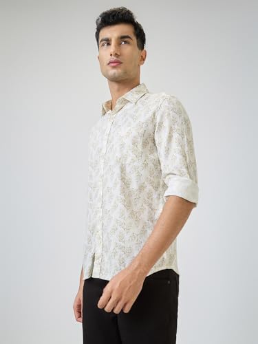 Parx Men Slim Fit Print Pattern Pure Cotton Semicutaway Collar Full Sleeve Casual Shirt (Size: 40)-XMSS14689-F2 Fawn