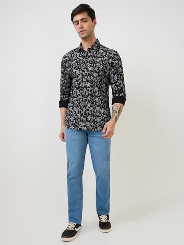 Parx Men Slim Fit Print Pattern Pure Cotton Semicutaway Collar Full Sleeve Casual Shirt (Size: 44)-XMSS14829-K7 Black