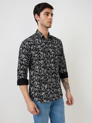 Parx Men Slim Fit Print Pattern Pure Cotton Semicutaway Collar Full Sleeve Casual Shirt (Size: 44)-XMSS14829-K7 Black