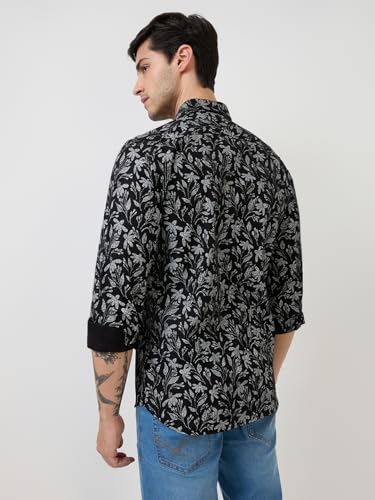 Parx Men Slim Fit Print Pattern Pure Cotton Semicutaway Collar Full Sleeve Casual Shirt (Size: 44)-XMSS14829-K7 Black