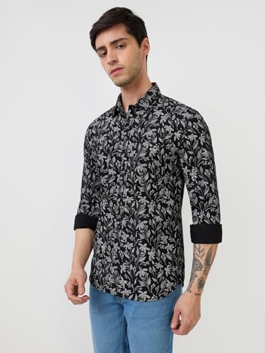 Parx Men Slim Fit Print Pattern Pure Cotton Semicutaway Collar Full Sleeve Casual Shirt (Size: 44)-XMSS14829-K7 Black