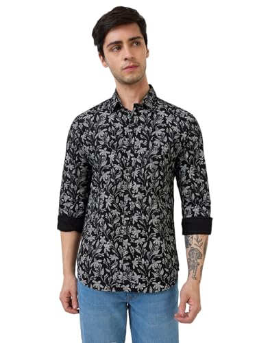 Parx Men Slim Fit Print Pattern Pure Cotton Semicutaway Collar Full Sleeve Casual Shirt (Size: 44)-XMSS14829-K7 Black