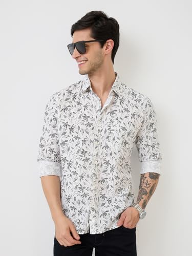 Parx Men Slim Fit Print Pattern Pure Cotton Semicutaway Collar Full Sleeve Casual Shirt (Size: 44)-XMSS14829-W2 White