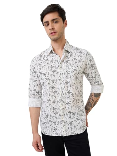 Parx Men Slim Fit Print Pattern Pure Cotton Semicutaway Collar Full Sleeve Casual Shirt (Size: 44)-XMSS14829-W2 White