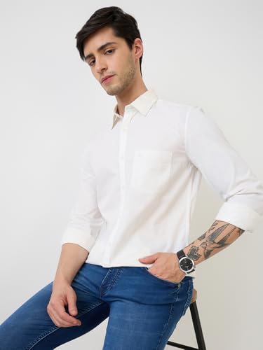 Parx Men Slim Fit Solid Pattern Pure Cotton Semicutaway Collar Full Sleeve Casual Shirt (Size: 40)-XMSS14475-W1 White