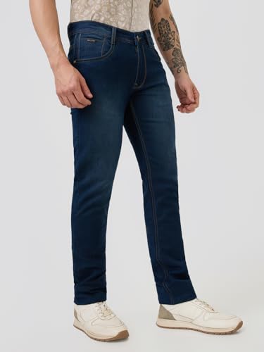 Parx Men Low Rise Tapered Fit Knitted Pattern Cotton Blend Jeans (Size: 32)-XCYA03064-B8 Blue