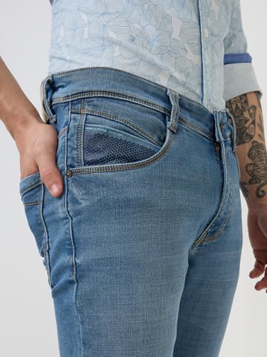 Parx Men Low Rise Tapered Fit Knitted Pattern Cotton Polyester Blend Jeans (Size: 32)-XCYA03123-B5 Blue