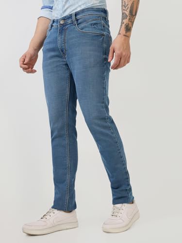 Parx Men Low Rise Tapered Fit Knitted Pattern Cotton Polyester Blend Jeans (Size: 32)-XCYA03123-B5 Blue