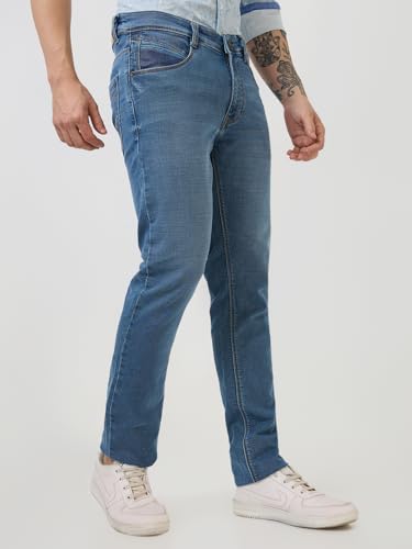 Parx Men Low Rise Tapered Fit Knitted Pattern Cotton Polyester Blend Jeans (Size: 32)-XCYA03123-B5 Blue