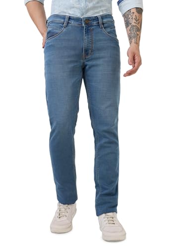 Parx Men Low Rise Tapered Fit Knitted Pattern Cotton Polyester Blend Jeans (Size: 32)-XCYA03123-B5 Blue