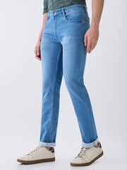 Parx Men Low Rise Tapered Fit Knitted Pattern Cotton Polyester Blend Flat Front Jeans -XCYA03141-B5 Medium Blue