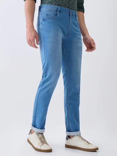 Parx Men Low Rise Tapered Fit Knitted Pattern Cotton Polyester Blend Flat Front Jeans -XCYA03141-B5 Medium Blue
