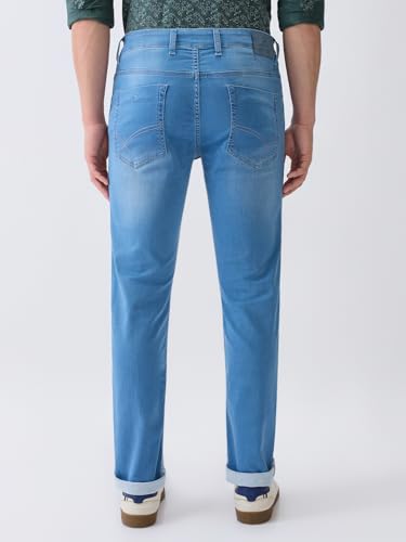 Parx Men Low Rise Tapered Fit Knitted Pattern Cotton Polyester Blend Flat Front Jeans -XCYA03141-B5 Medium Blue