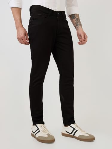 Parx Men Low Rise Skinny Cropped Fit Knitted Pattern Cotton Polyester Blend Jeans -XCYX03177-K9 Black