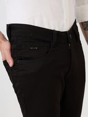 Parx Men Low Rise Skinny Cropped Fit Knitted Pattern Cotton Polyester Blend Jeans -XCYX03177-K9 Black