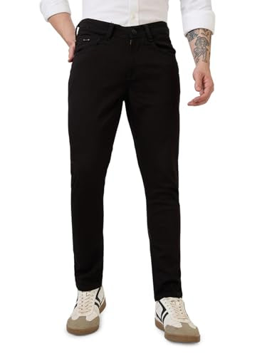 Parx Men Low Rise Skinny Cropped Fit Knitted Pattern Cotton Polyester Blend Jeans -XCYX03177-K9 Black