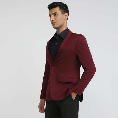 Park Avenue Men Super Slim Fit Solid Pattern Poly Spandex Blend Notch Lapel Full Sleeve Formal Jacket (Size: 112)-PMJW03266-R7 Dark Red