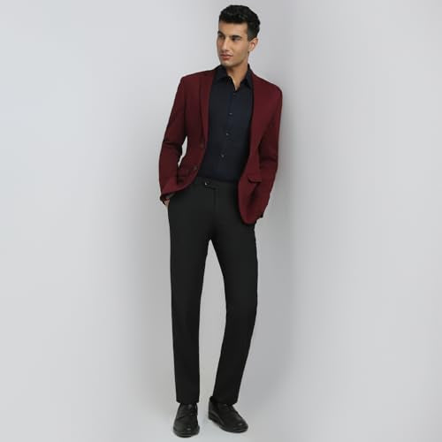 Park Avenue Men Super Slim Fit Solid Pattern Poly Spandex Blend Notch Lapel Full Sleeve Formal Jacket (Size: 112)-PMJW03266-R7 Dark Red