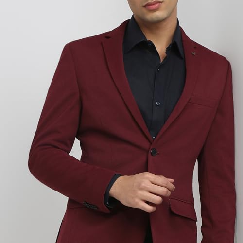 Park Avenue Men Super Slim Fit Solid Pattern Poly Spandex Blend Notch Lapel Full Sleeve Formal Jacket (Size: 112)-PMJW03266-R7 Dark Red