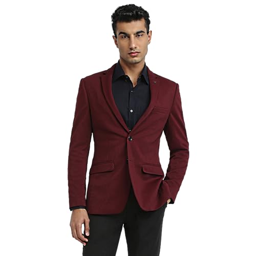 Park Avenue Men Super Slim Fit Solid Pattern Poly Spandex Blend Notch Lapel Full Sleeve Formal Jacket (Size: 112)-PMJW03266-R7 Dark Red