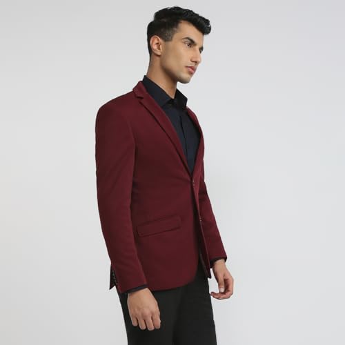 Park Avenue Men Super Slim Fit Solid Pattern Poly Spandex Blend Notch Lapel Full Sleeve Formal Jacket (Size: 112)-PMJW03266-R7 Dark Red