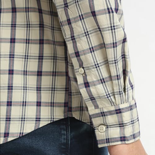 Parx Men Slim Fit Checks Pattern Pure Cotton Semicutaway Collar Full Sleeve Casual Shirt (Size: 44)-XMSS14428-F5 Medium Fawn