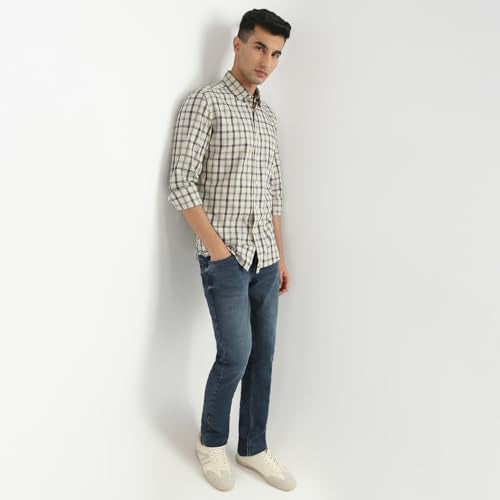 Parx Men Slim Fit Checks Pattern Pure Cotton Semicutaway Collar Full Sleeve Casual Shirt (Size: 44)-XMSS14428-F5 Medium Fawn