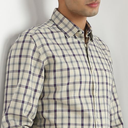 Parx Men Slim Fit Checks Pattern Pure Cotton Semicutaway Collar Full Sleeve Casual Shirt (Size: 44)-XMSS14428-F5 Medium Fawn