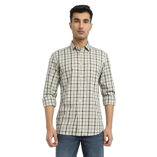 Parx Men Slim Fit Checks Pattern Pure Cotton Semicutaway Collar Full Sleeve Casual Shirt (Size: 44)-XMSS14428-F5 Medium Fawn