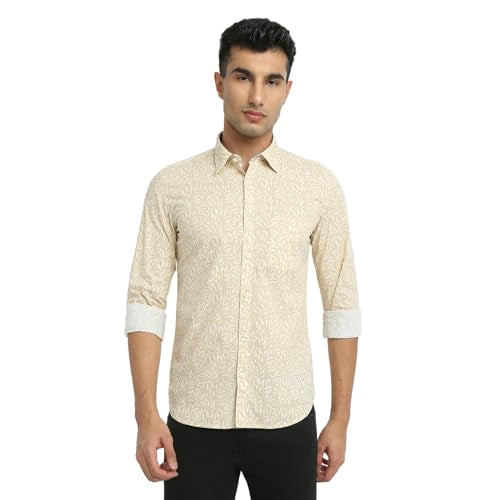 Parx Men Slim Fit Print Pattern Pure Cotton Semicutaway Collar Full Sleeve Casual Shirt (Size: 39)-XMSS14826-F4 Medium Fawn