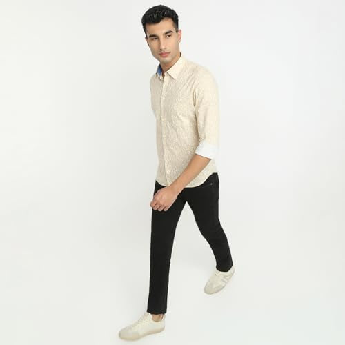 Parx Men Slim Fit Print Pattern Pure Cotton Semicutaway Collar Full Sleeve Casual Shirt (Size: 39)-XMSS14826-F4 Medium Fawn