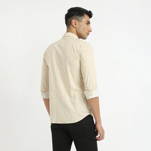 Parx Men Slim Fit Print Pattern Pure Cotton Semicutaway Collar Full Sleeve Casual Shirt (Size: 39)-XMSS14826-F4 Medium Fawn