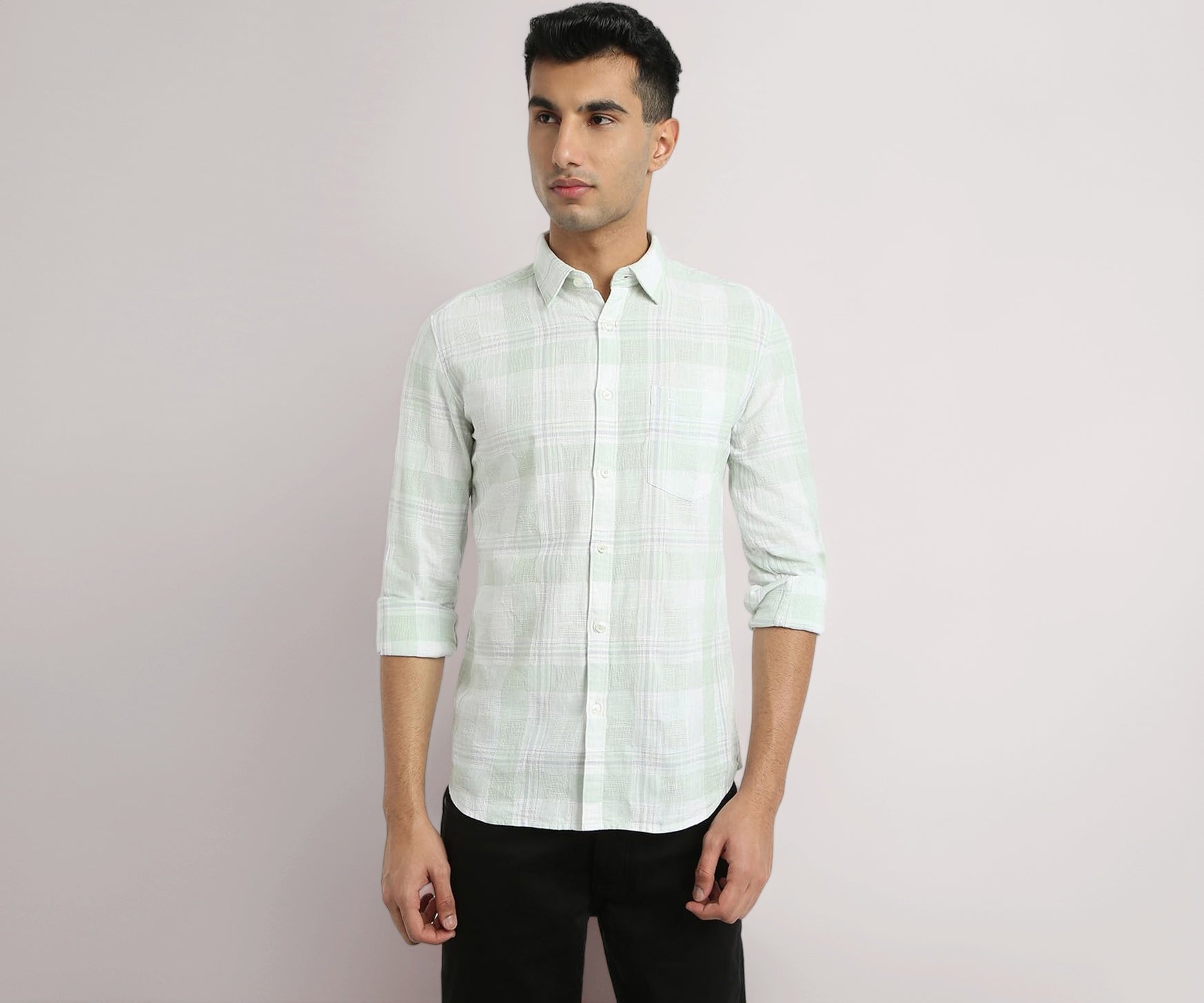 Parx Men Slim Fit Checks Pattern Pure Cotton Semicutaway Collar Full Sleeve Casual Shirt (Size: 40)-XMSS14732-N2 Light Green