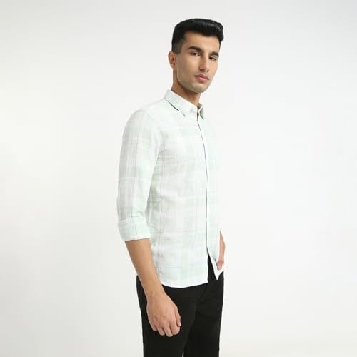 Parx Men Slim Fit Checks Pattern Pure Cotton Semicutaway Collar Full Sleeve Casual Shirt (Size: 40)-XMSS14732-N2 Light Green