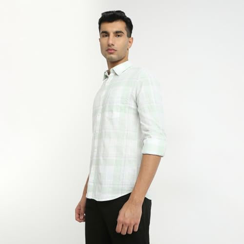 Parx Men Slim Fit Checks Pattern Pure Cotton Semicutaway Collar Full Sleeve Casual Shirt (Size: 40)-XMSS14732-N2 Light Green