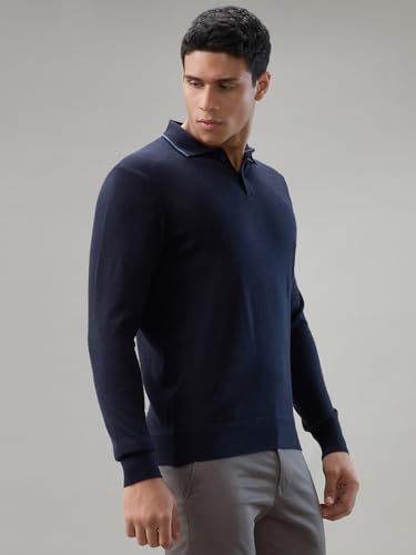 Raymond Men Contemporary Fit Solid Pattern Marino Wool Acryalic Blend Rib Collar Full Sleeve Casual Sweater