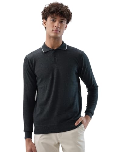 Raymond Men Contemporary Fit Solid Pattern Marino Wool Acryalic Blend Rib Collar Full Sleeve Casual Sweater