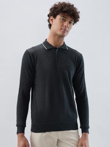 Raymond Men Contemporary Fit Solid Pattern Marino Wool Acryalic Blend Rib Collar Full Sleeve Casual Sweater