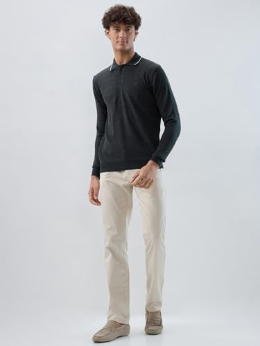 Raymond Men Contemporary Fit Solid Pattern Marino Wool Acryalic Blend Rib Collar Full Sleeve Casual Sweater