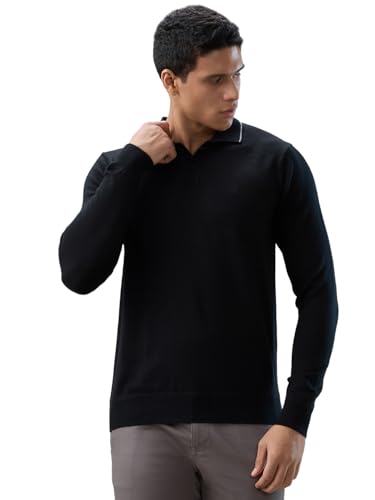 Raymond Men Contemporary Fit Solid Pattern Marino Wool Acryalic Blend Rib Collar Full Sleeve Casual Sweater