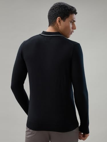 Raymond Men Contemporary Fit Solid Pattern Marino Wool Acryalic Blend Rib Collar Full Sleeve Casual Sweater