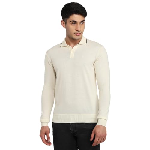 Raymond Men Contemporary Fit Solid Pattern Marino Wool Acryalic Blend Rib Collar Full Sleeve Casual Sweater