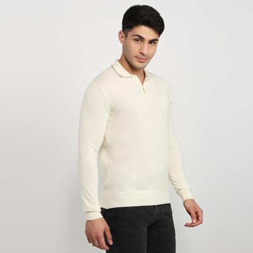 Raymond Men Contemporary Fit Solid Pattern Marino Wool Acryalic Blend Rib Collar Full Sleeve Casual Sweater
