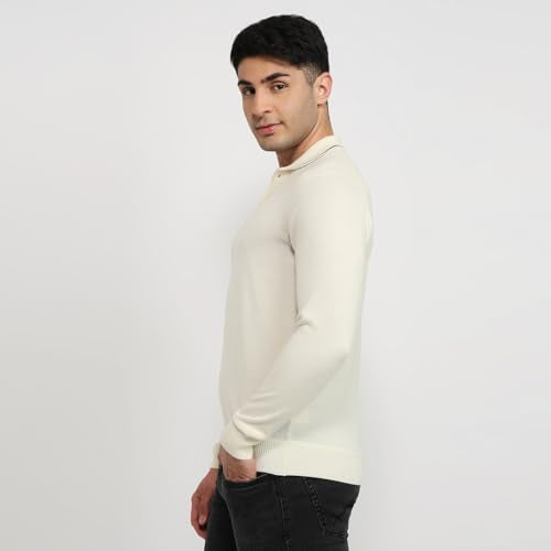 Raymond Men Contemporary Fit Solid Pattern Marino Wool Acryalic Blend Rib Collar Full Sleeve Casual Sweater
