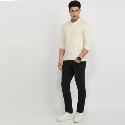 Raymond Men Contemporary Fit Solid Pattern Marino Wool Acryalic Blend Rib Collar Full Sleeve Casual Sweater
