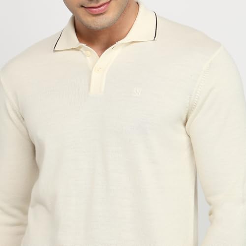 Raymond Men Contemporary Fit Solid Pattern Marino Wool Acryalic Blend Rib Collar Full Sleeve Casual Sweater