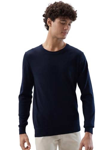 Raymond Men Regular Fit Solid Pattern Acrylic Wool Blend Round Neck Full Sleeve Casual Sweater Blue